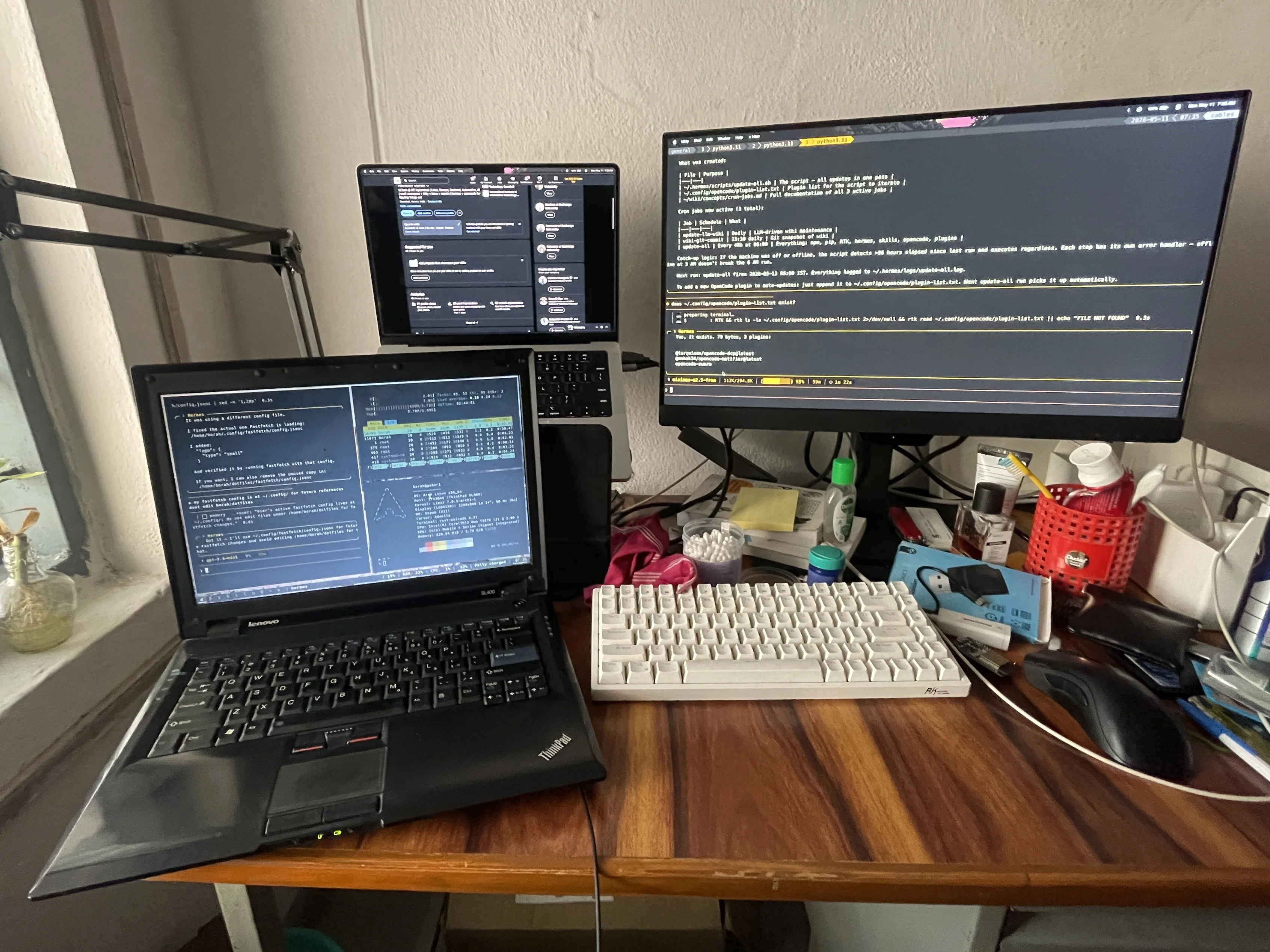 desk setup which needs urgent cleaning